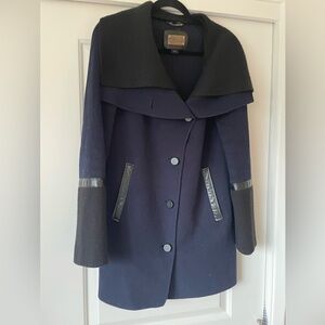 MACKAGE Navy Wool Blend Coat M Leather Trim & Knit Sleeves double Collar Design